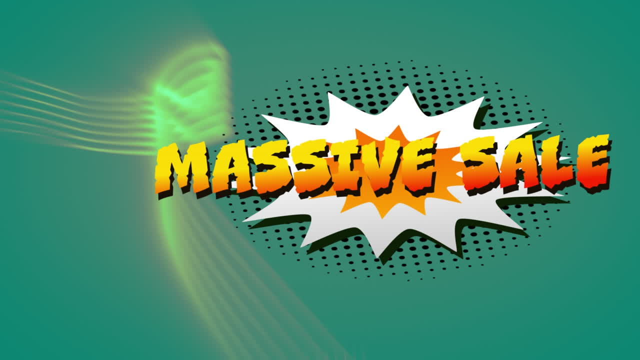 녹색 배경의 디지털 파도에 대한 레트로 연설 거품에 대한 대규모 판매 텍스트