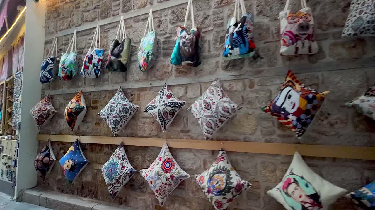 Traditional Turkish handicrafts are displayed along the streets of Antalya's old town, showcasing local art and culture