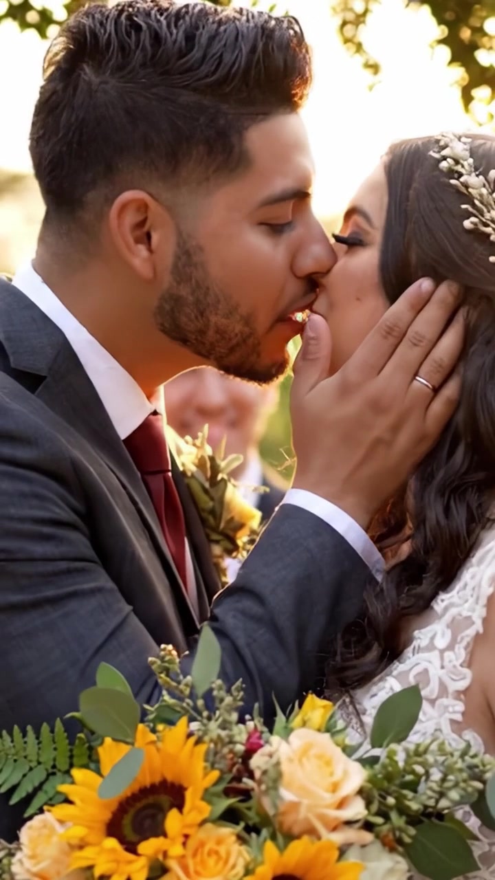 Um Lindo Momento de Casamento: Um Casal Compartilha um Sorriso Alegre Rodeado pela Natureza, Cheio de Amor, Risadas e Girassóis em Seu Dia Especial