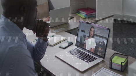 businessman in video conference with financial data animation overlay on screen