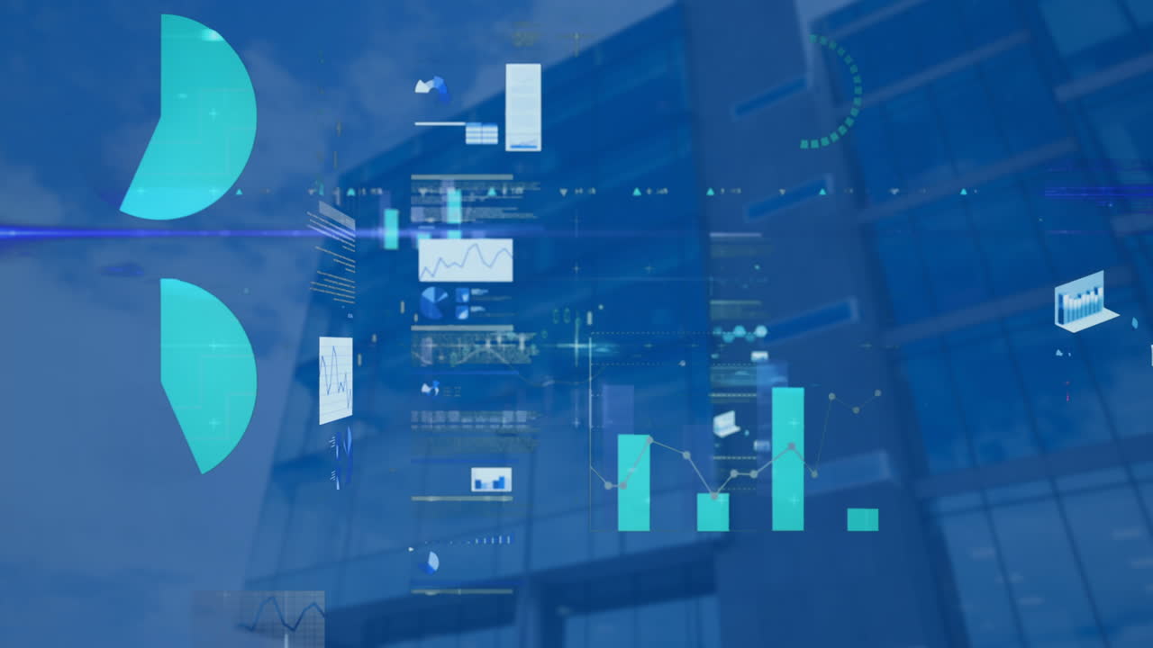 animación de estadísticas y procesamiento de datos financieros en edificios modernos