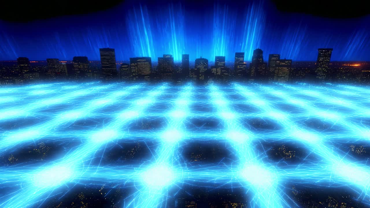 A Futuristic Cityscape with Enhanced Neon Grids and Brilliant Blue Light Beams Rising Above a Majestic City Skyline in an Ethereal Digital Environment Capturing the Essence of Advanced Technology and Urban Life