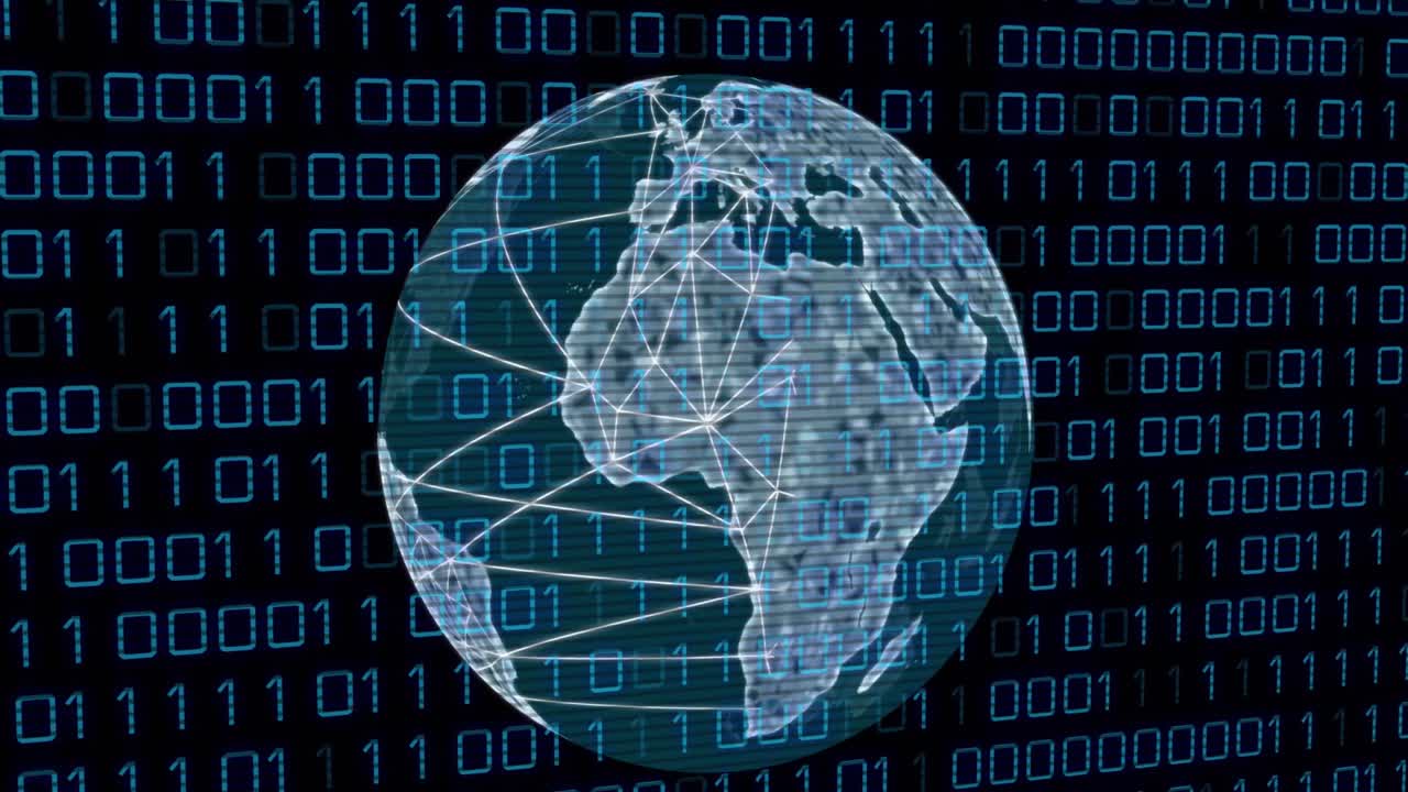 Animation of binary codes and lines around rotating globe over black background