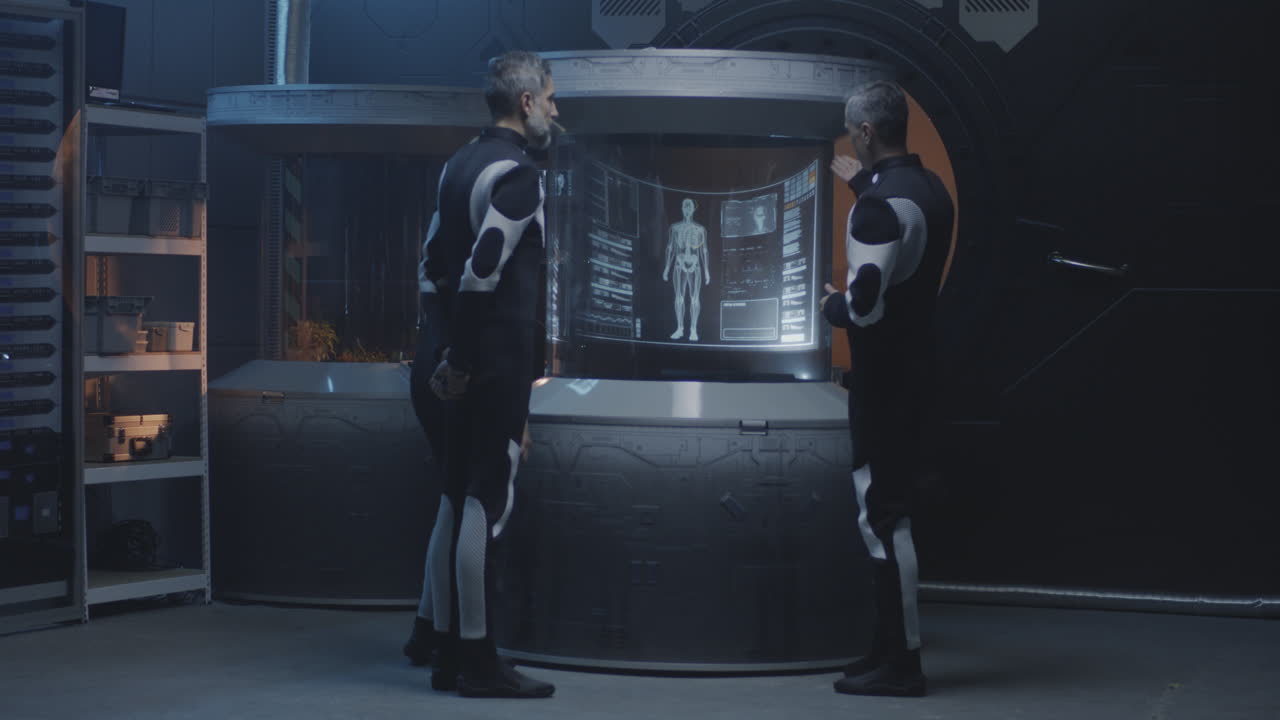 Scientists Analyzing a Hologram of the Human Body in a Futuristic Lab