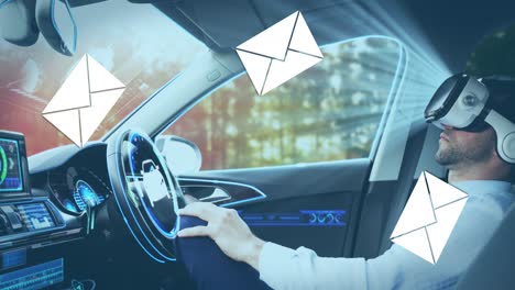 animación de iconos de sobres de correo electrónico con hombre en auriculares vr usando coche de conducción autónoma