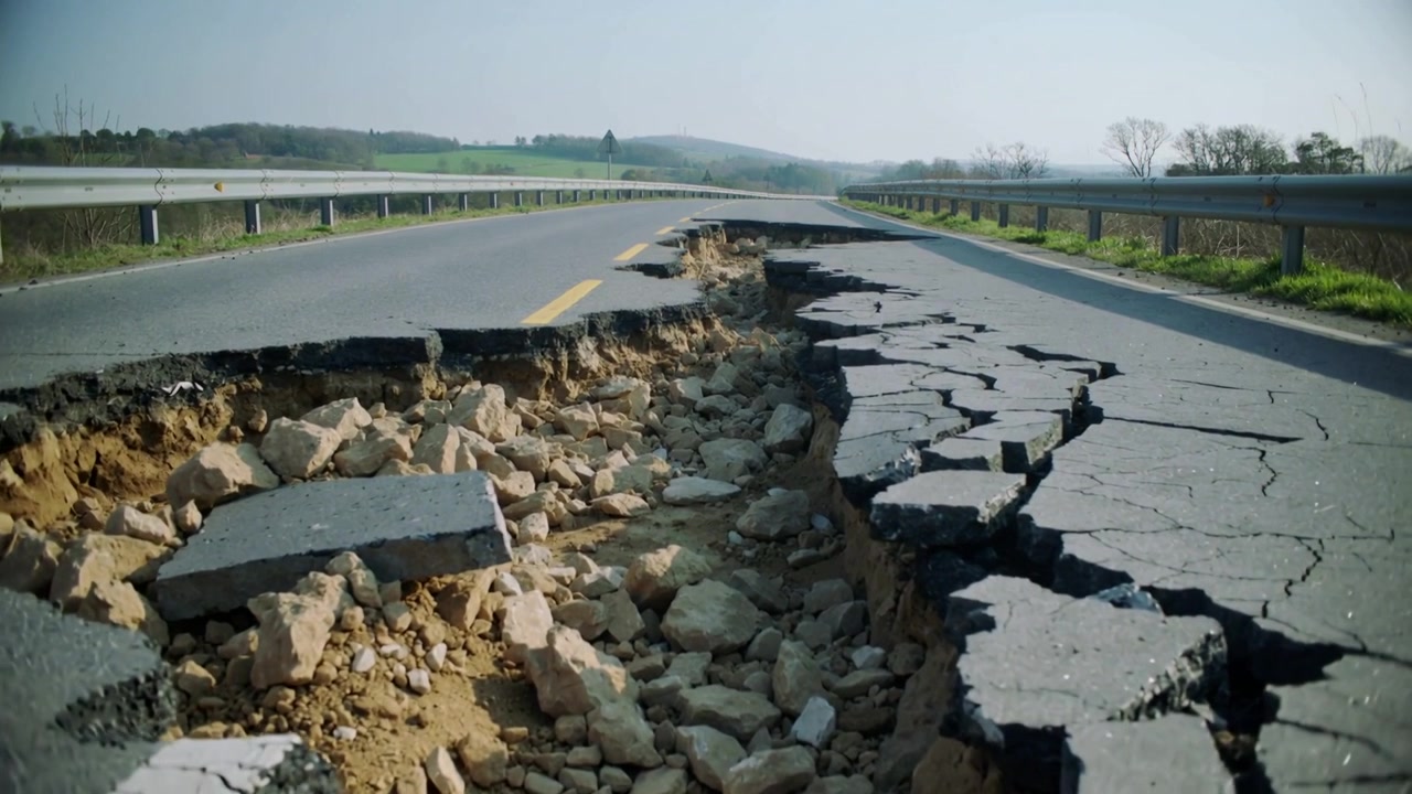 Moving camera revealing collapsed rural road trench, broken slabs and yellow stripe showing depth