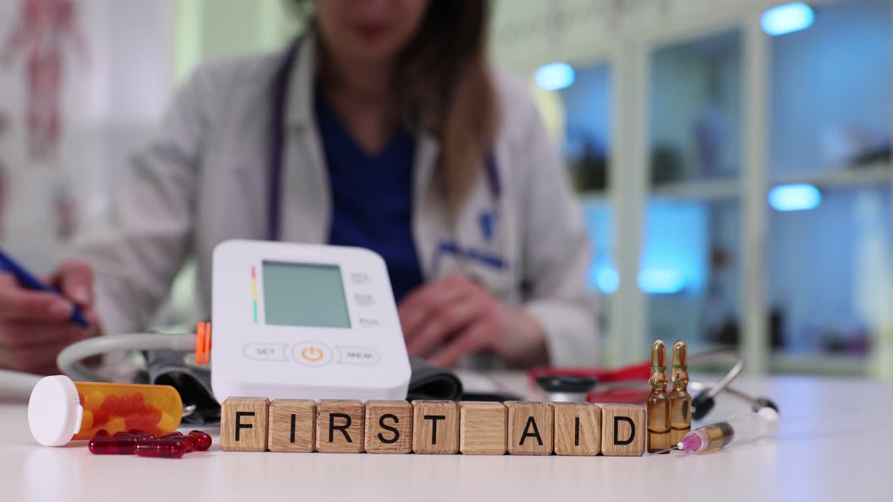 Testo pronto soccorso con misuratore di pressione e farmaci in ospedale