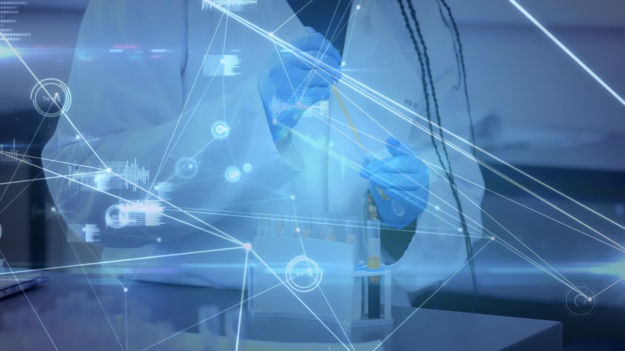 여성 아프리카계 미국인 과학자가  ⁇ 플을 채취하는 중간 부분에 연결된 점의 애니메이션