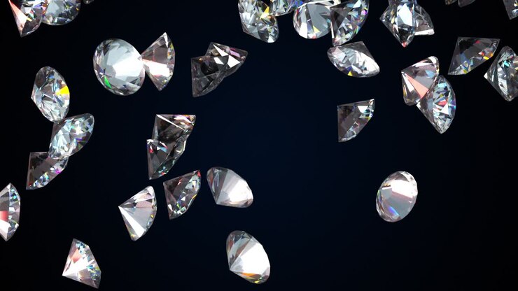Grandi diamanti che cadono, generati al computer. Rendering 3D di uno sfondo bellissimo.