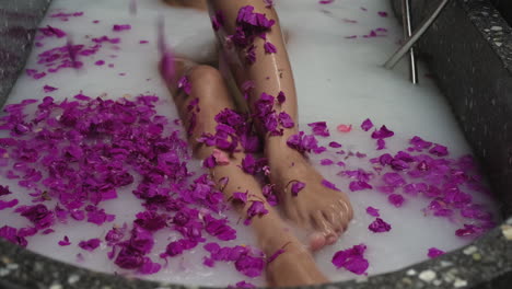 woman enjoying a milk bath with purple flowers