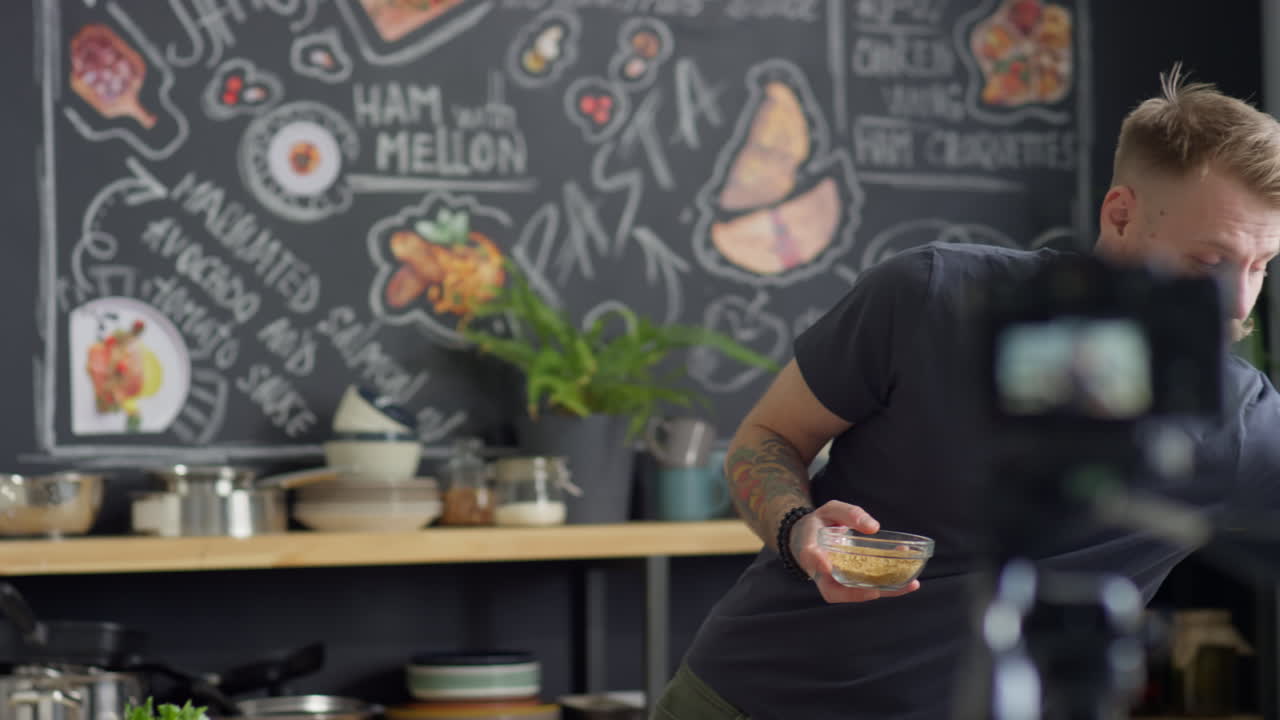 Food Blogger Telling about Ingredients for Recipe on Camera