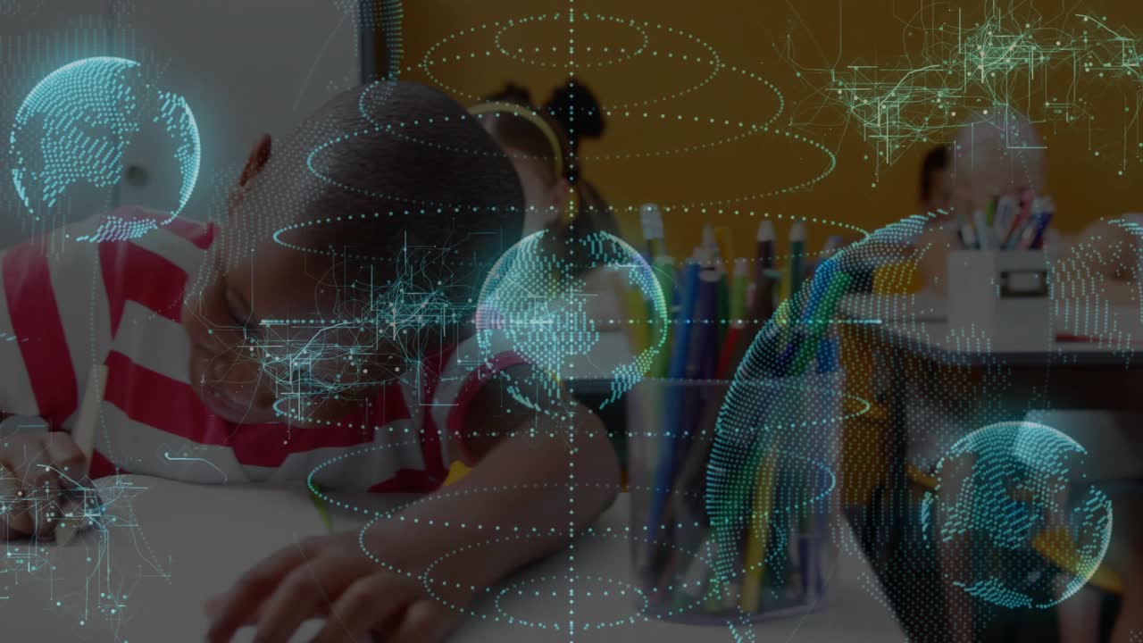 Male student picking pencil and writing on paper, causing animated globes swirling for learning