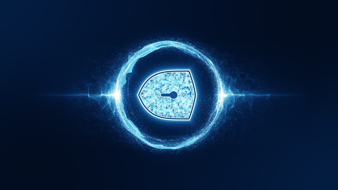 파란색 에너지 공 입자와 파란색 보안 방패의 모션 그래픽 추상적인 배경 원활한 루프 수직 비디오