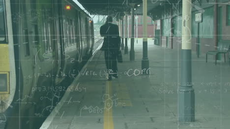 mathematical equations and formulas animation over person walking on train platform