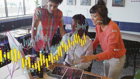 animation of graphs with changing numbers over diverse coworkers discussing reports on computer