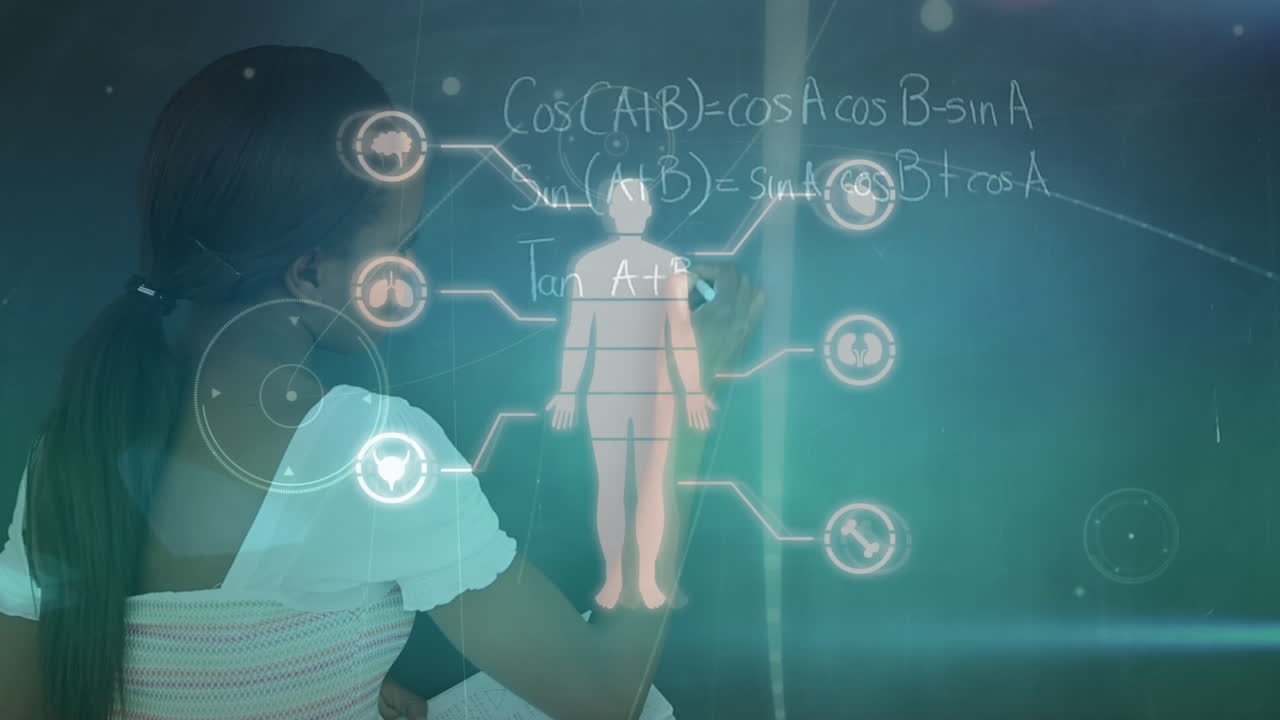 블랙보드에 글을 쓰는 아프리카계 미국인 소녀 위의 인간 실루의 애니메이션