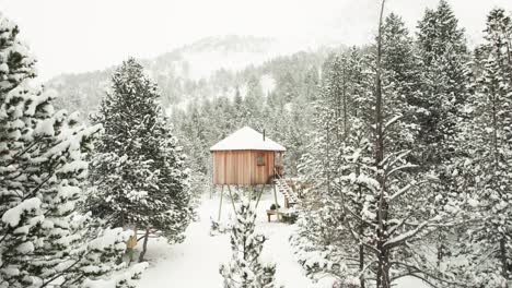 Drone flies through snowy trees toward stilted wooden cabin in Andorra, with snowfall and mountain backdrop.