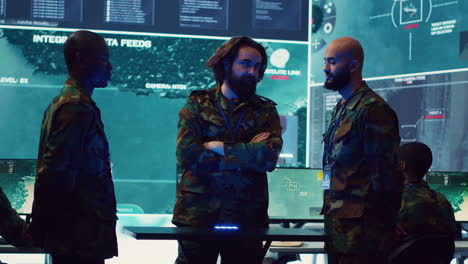 army superior officers creating an attack plan using a hologram