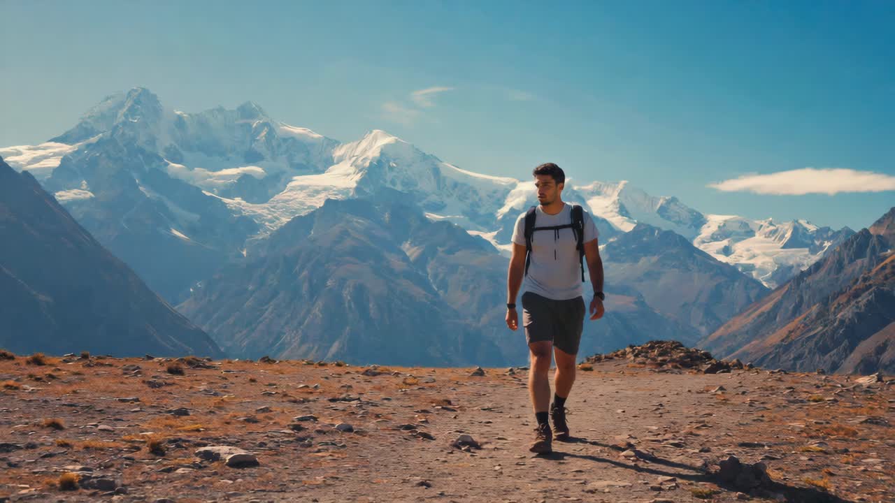Hombre caminando en las montañas
