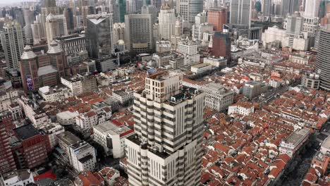 Aerial:-densely-populated-Shanghai-city-residential-suburb,-top-down-view