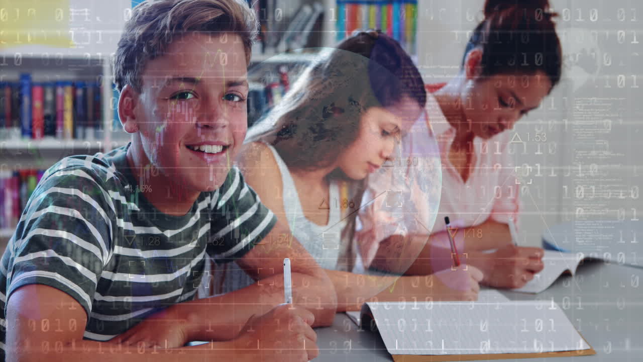 animación de codificación binaria sobre un globo contra un niño caucásico estudiando en la escuela.