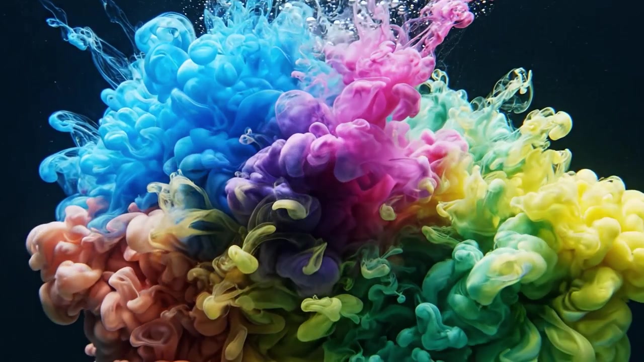 Lebendige Farbexplosionen in der Fluiddynamik erleben: Eine fesselnde visuelle Reise durch wirbelnde Pigmente auf dunklen Hintergründen.