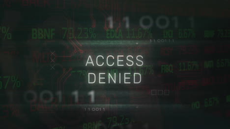 animación de texto de acceso denegado, símbolo x, códigos binarios, textura de la placa de circuitos sobre la placa de comercio.