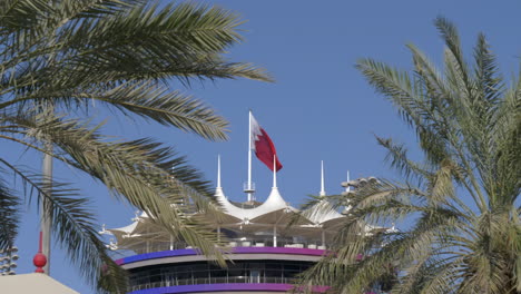 view through palm trees of bahraini flag on sakhir tower