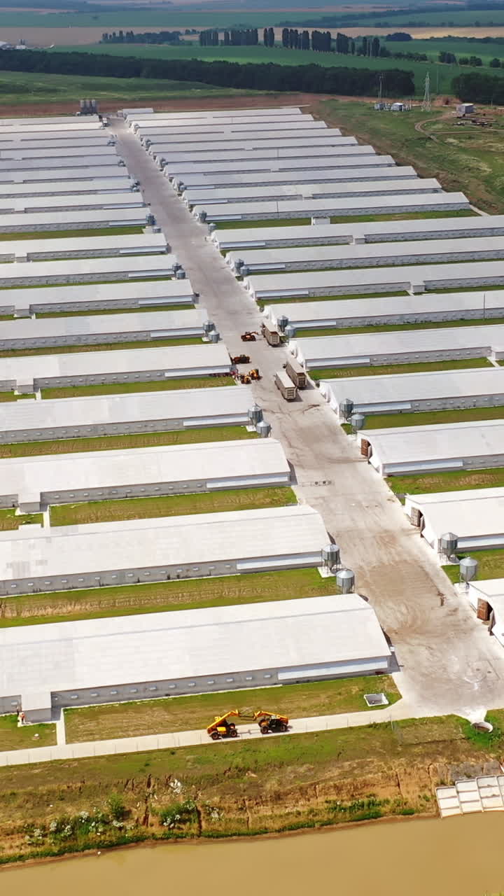 Farm of modern agricultural business approach. Two rows of modern buildings for farming outdoors. Aerial view. Vertical video