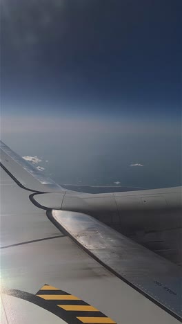 airplane passenger window view showing wing and landscape below in vertical format