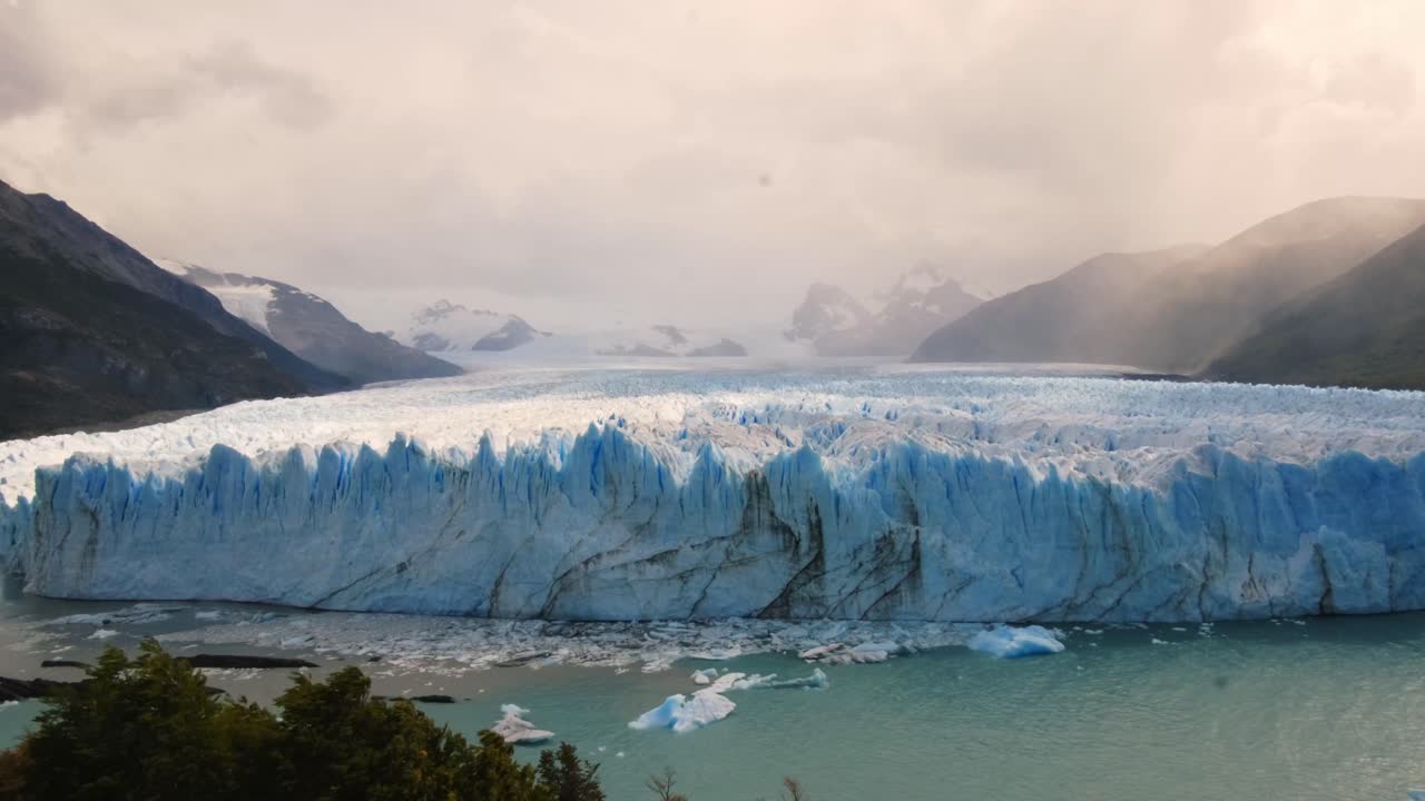 Timelapse of Perito Moreno Glacier, Lake Water, Ice Formation, Andean Mountains Background, Cinematic Patagonia