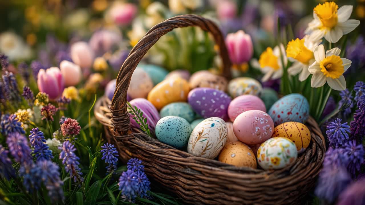 A Colorful Selection of Decorated Easter Eggs in a Woven Basket Surrounded by Vibrant Spring Flowers, Creating a Festive and Cheerful Ambiance