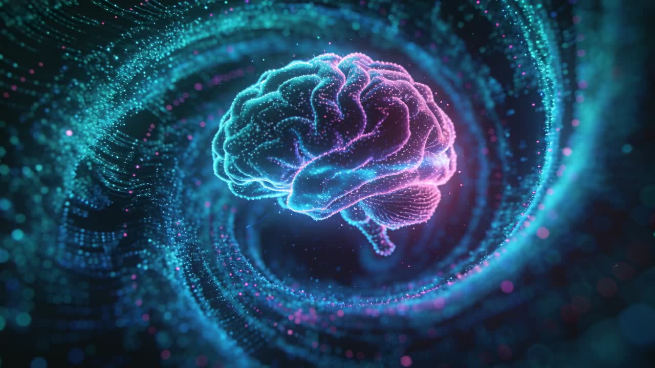 Vertical video: Orbiting particle spiral tightening, hologram brain pulsing in void, showing data