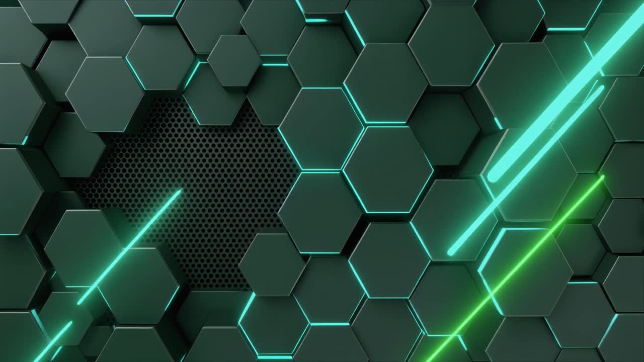 Dynamic Hexagon Grid with Glowing Turquoise and Green Lines