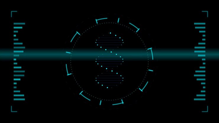 Digital DNA Helix Animation with Futuristic HUD Interface