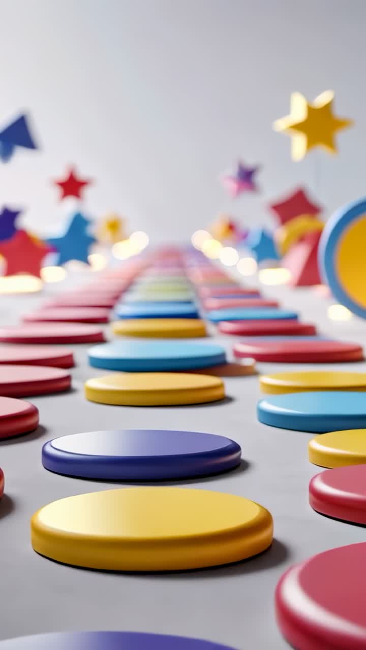 Vertical video: Startup camera moving forward revealing colored disks with floating stars in studio