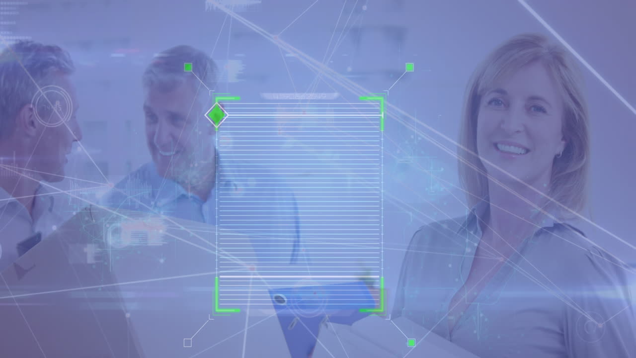 animación de la red de conexiones con el procesamiento de datos sobre la gente de negocios caucásica hablando