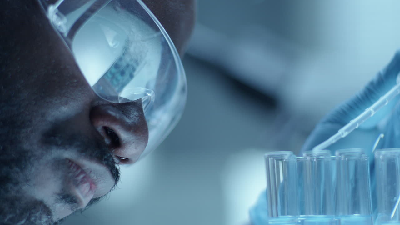 African American Chemist Dripping Liquid in Test Tubes with Pipette in Lab