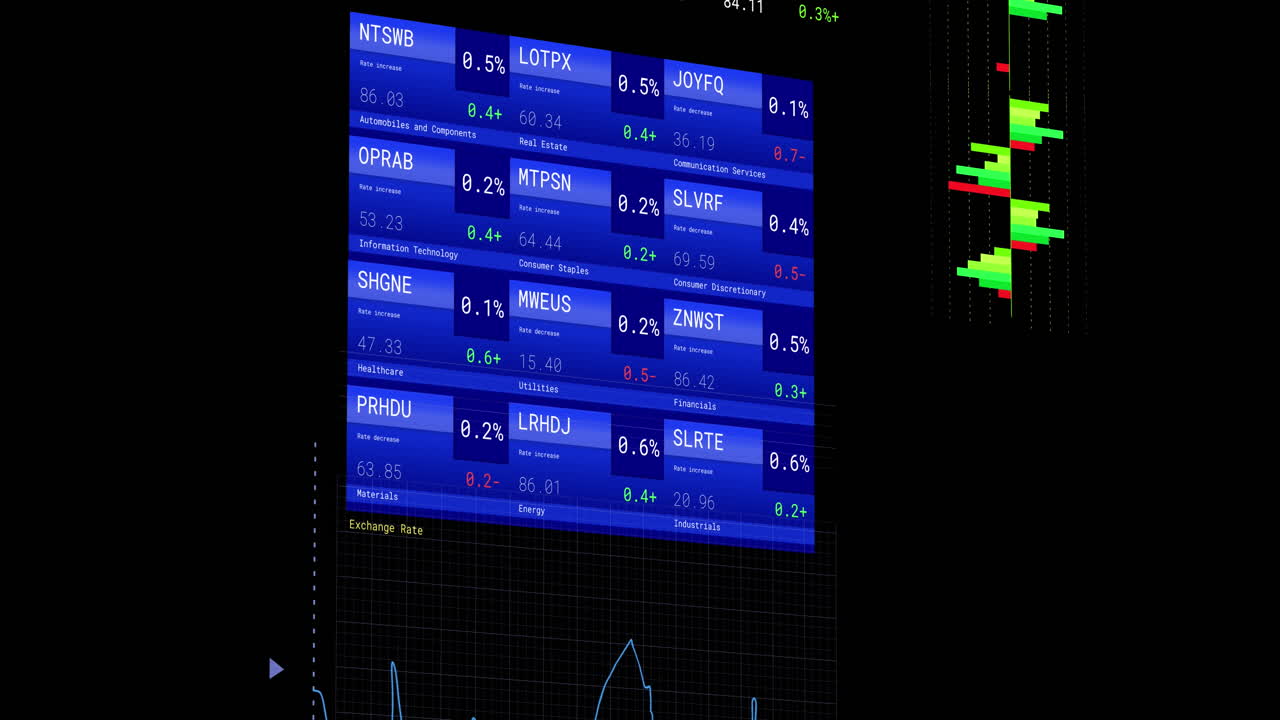 Animation of financial data processing with screens over black background