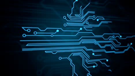 Blue lines drawn by bright spots eventually create an abstract image of a circuit board. It may represent electronic connections, communication, futuristic technology.