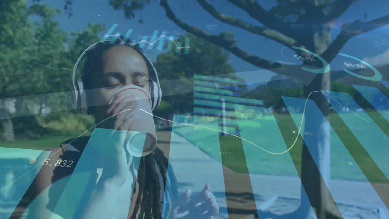 procesamiento de datos estadísticos contra una mujer afroamericana con auriculares bebiendo café