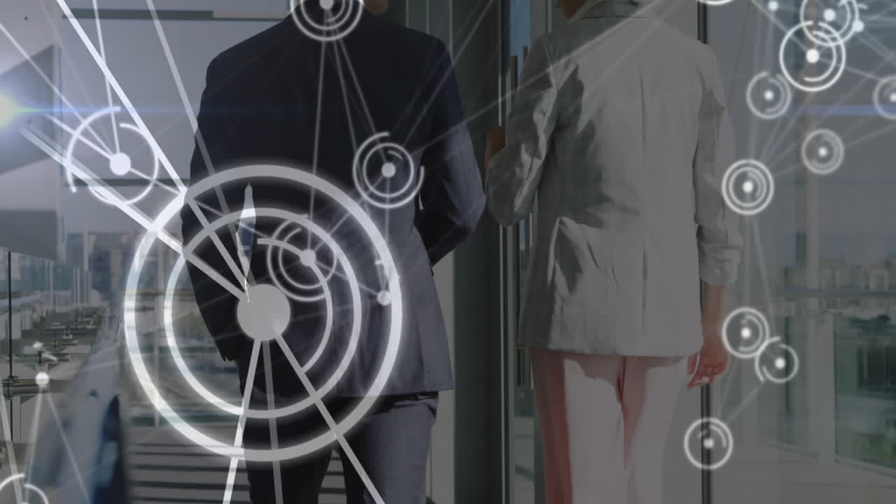 Business people walking in office with network connections animation over them