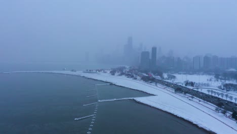 Aerial-footage-of-Frozen-Lake-Michigan-during-2019-Polar-Vortex,-Chicago,-Illinois