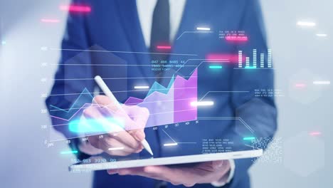 empresario inteligente mano cerca de los datos financieros en el futuro gráfico de acciones, inversor de negocios mercado de la bolsa de valores y criptomoneda datos analíticos tecnología digital