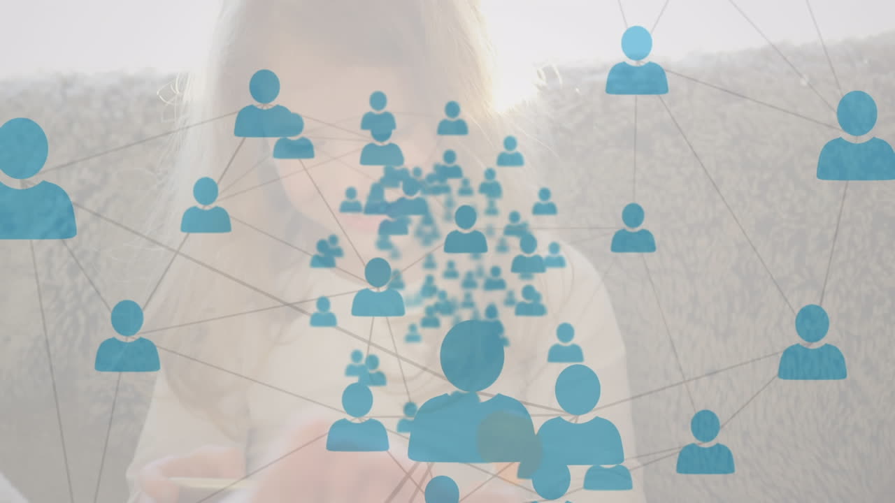 animación de redes de conexiones con iconos sobre el niño usando un teléfono inteligente