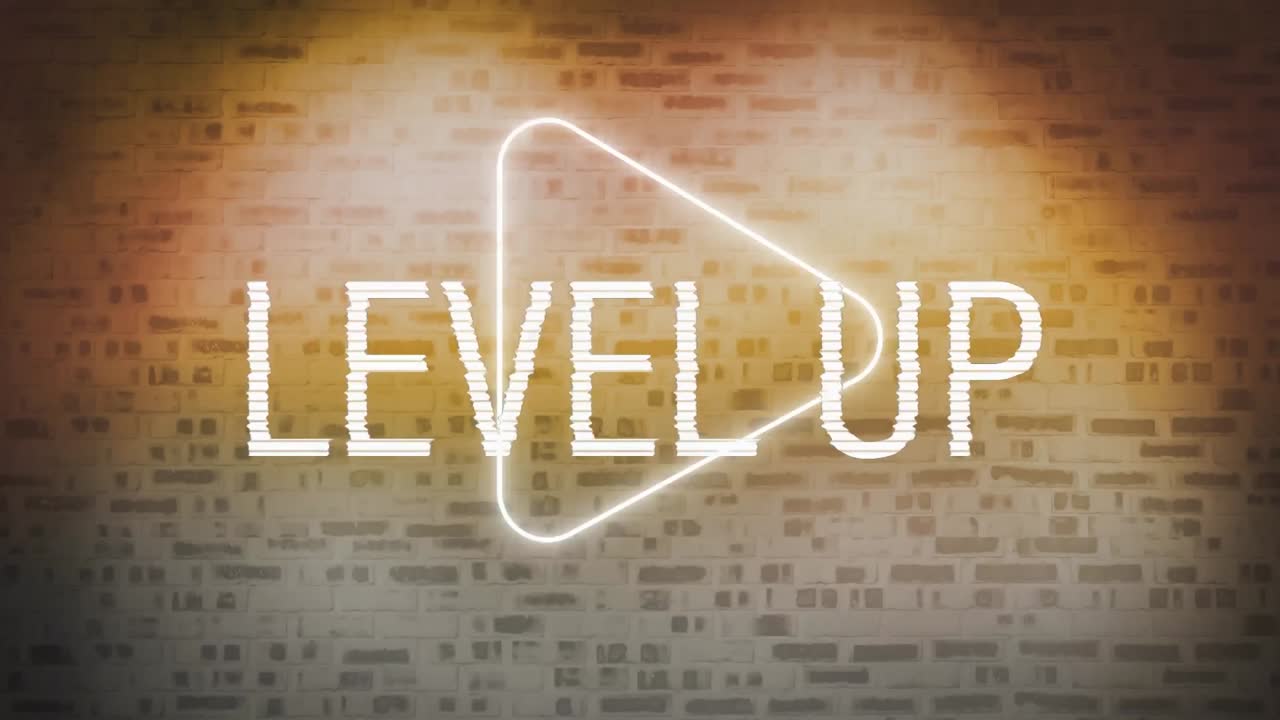 animación digital del texto de nivel superior sobre el icono de juego de neón contra la pared de ladrillo