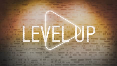 digital animation of level up text over neon play icon against brick wall