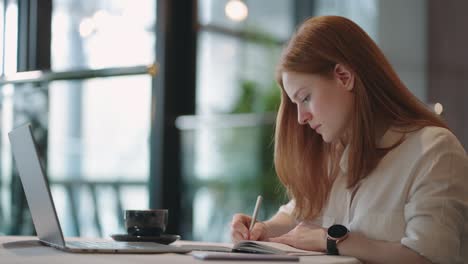 cheerful pretty cute nice red-haired girl girlfriend having been employed to job as executive smiling toothily sitting at desktop with laptop noting down important information