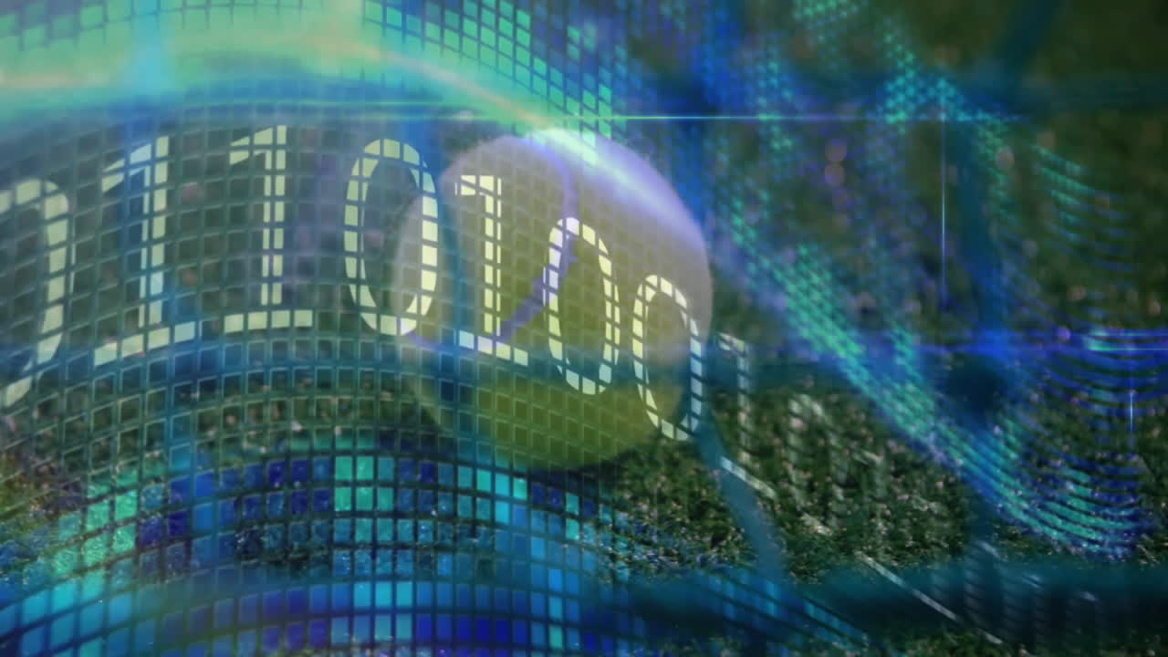 Curved 3D mesh being animated in futuristic data scene, with glowing squares and binary digits