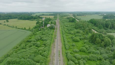 aerial establishing view of empty railroad train tracks, countryside scenery, fresh green forest on the side, overcast cloudy summer day, wide drone shot moving forward, tilt down